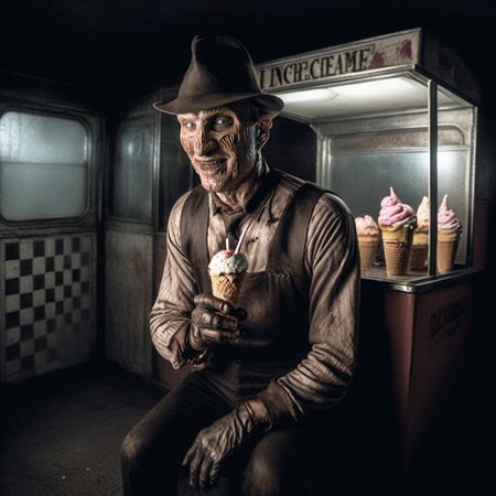 Horror-themed a man with a hat is a icecream-man in an icecreamtruck, smile <lora:FreddyKrueger1024:0.8> . Eerie, unsettling, dark, spooky, suspenseful, grim, highly detailed