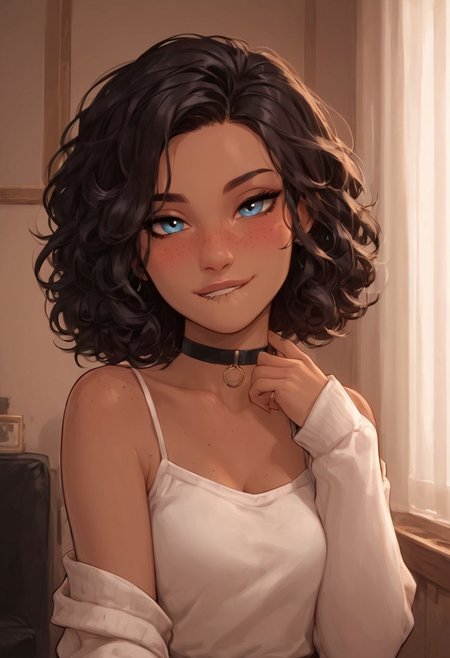 masterpiece,best quality, highly detailed, score_9, score_8_up, score_7_up, score_6_up,source_anime, 
BREAK, 1girl, pose, dark-skinned, black curly hair, short hair, blue eyes, freckles, choker, bedroom,, blush, living room, looking at viewer, biting lip, seductive smile,