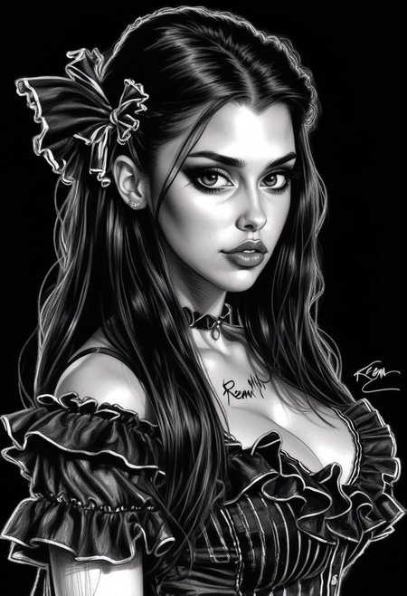 Sketch of a beautiful busty girl R33M with hairclip and ruffle shirt, long wavy hair, illustrative art, detailed, elegant
