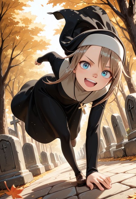 masterpiece, best quality, 32k, high resolution, absurdres 
1girl, solo, Gardie, brown hair, blue eyes
habit, nun , nun dress, cross necklace,
dynamic pose, running, jumping over graves. smiling, open mouth, towards viewer, moving lines, blurry background
outdoors, graveyard, old graves, old tombstones, old church in the background, autumn, falling leaves, windy
light particles, dynamic angle,  cinematic angle, various angles, detailed background, beautiful background, (rays light:1.0),(grow:1.0) vivid colors, shiny and glossy, anime style, high-res, beautiful aesthetic, very intricate, high-quality details, vibrant, 
<lora:add-detail-xl:1.10> <lora:spo_sdxl_10ep_4k-data_lora_webui:0.95> <lora:noobai_ep11_stabilizer_v0.138_fp16:0.6> <lora:StS-Illustrious-Detail-Slider-v1.0:1.10> <lora:cfg_scale_boost:0.95> <lora:nyalia:0.20>   <lora:hildegard_illustrious:0.8>
