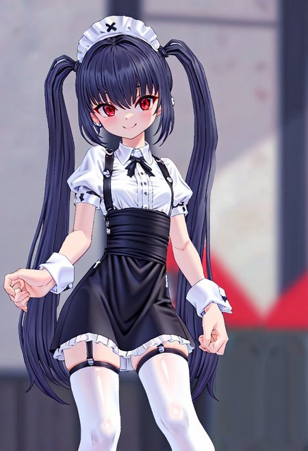 blurred background,
smile,
looking at viewer,
solo,
koohPangya, black hair, red eyes, kooh, twintails, flat chest,
maidSet, thighhighs, headdress, ribbon, white legwear, frills, black skirt, puffy short sleeves, cuffs,
standing,
masterpiece,best quality,good quality,newest,