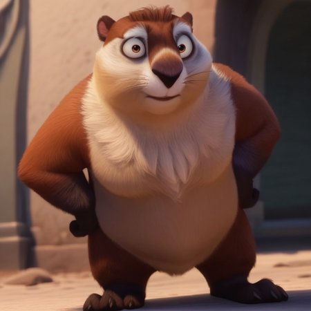 score_9, score_8_up, score_7_up, score_6_up, score_5_up, score_4_up, best quality, absurd, res, hazel eyes, movie accurate, perfect, no humans, animal focus, realistic, 4K, groundhog, extreme detail, official screenshot, screencap, official, newest, 3D, 1boy, solo, male, brown fur, fat, black nose, broad shoulders, round ears, whiskers, cream fur, animal, furry, fluffy, looking at viewer, short legs, standing, hands on hips, black paws, black feet paws, no humans,