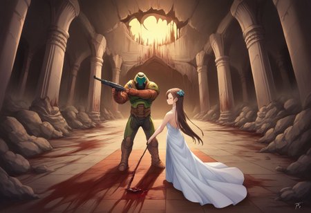 1girl and 1boy holding hands, standing knee deep in the dead, pointing with weapons to side, fighting demons in hell ruins 
BREAK,
KatarinaClaes, long hair, asymmetrical bangs, hair bow, elegant, long dress, white dress, halterneck, smirk, indoors, jewelry, standing, battle torn clothes, blood stains, holding rifle, scifi gun,
BREAK,
(doomguy:1.3), green armor, blood splattered, chainsaw, soaked in blood,
BREAK, 
indoors, demons, pentagram, bloody floor, score_9, score_8_up, source_anime,  hero view,  action pose, detailed background, fx-monsters-xl-meatsack, arcane ruins, hell, palace, gore on the ground,