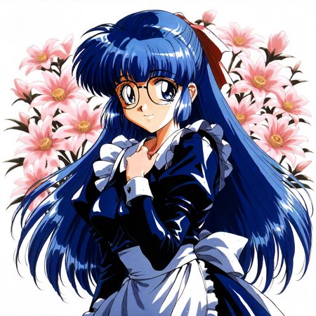 <lora:RC_maria_custardXLanimagine001>,
masterpiece,high score,great score,absurdres,
flower background,glitter,
smile,
looking at viewer,
solo,
anime coloring,retro artstyle,1990s (style),
maria_custard\(rance_series\),1girl,blue hair,half updo,hair ribbon,long hair,blue eyes,glasses,
cowboy shot,standing,
maid,