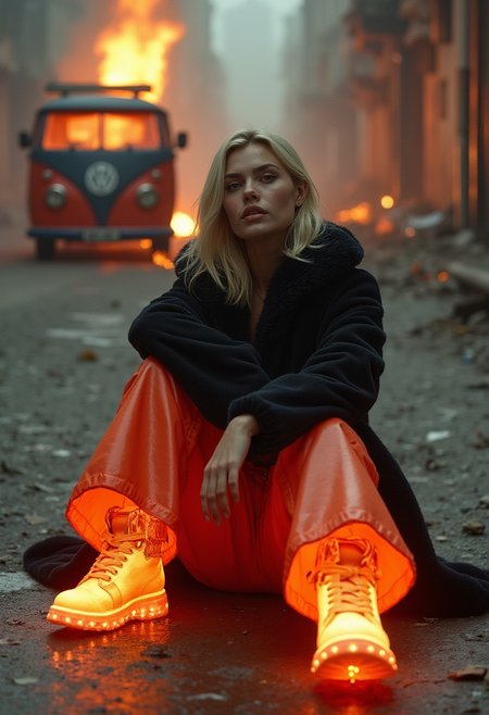 A cinematic fashion photoshoot featuring an Italian blonde model with fierce confidence. The model is seated casually in an urban, post-apocalyptic setting, her expression is nonchalant yet captivating. She wears a flamboyant, inflated pair of pants that billow out dramatically, contrasting against the gritty backdrop. Her shoes are equally bold, inflated and glowing from within with a fiery, almost lava-like light, creating an eerie glow on the ground beneath her feet.
Behind her, chaos ensues as a van burns in the distance, the flames reflected in her fiery footwear. She pairs this dramatic ensemble with a statement faux fur jacket, exuding luxury and rebellion. The mood is intense and rebellious, blending high fashion with a gritty, almost dystopian world, creating a striking visual narrative of power and defiance.