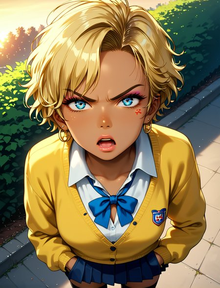 score_9, score_8_up, score_7_up, from above, solo, fisheye,
1girl, gyaru, kogal, cardigan, neck ribbon, miniskirt, dark skin, tomboy, pleated skirt, black legwear, leggings, blonde, pout, pouty lips, white leg warmers, narrowed eyes, hand up, pointing at viewer,  open mouth, angry, anger vein,
evening, sunset, park, hands in pockets,
d3t41l3d, halfone effect, retro artstyle, gh1bl1,
<lora:d3t41l3dXLP:0.6>, <lora:gh1bl1XLP:0.8>
