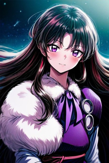 masterpiece,  best quality 1girl Setsun4 solo long hair,  (night time) forest background black hair very long hair purple eyes multicolored hair armor (fur trim) (medium body),<lora:EMS-179-EMS:0.800000>,<lora:EMS-293862-EMS:0.800000> bow, hair_bow, hair_tubes, red_bow, brown_hair, long_hair, bangs, ascot, frilled_bow, yellow_ascot, blush, smile, hair_between_eyes, athletic