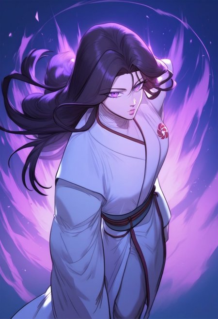 highly detailed, masterpiece, score_9,score_8_up,score_7_up, (manhwa artstyle),  YooIseol, dark violet eyes, dark hair, long hair, martial art uniform, cowboy shot, looking at viewer, aura, full body