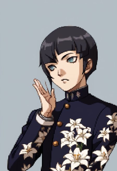 score_9, score_8_up, score_7_up, source_anime, BREAK ,solo, 1boy, <lora:P2-Protraits-pdxl_Fp:1>, portrait, simple background, <lora:SmtV-Protag-pdxl_Fp:1>,  smtvprotag, bob cut, blunt bangs, black hair, blue eyes, school uniform, floral print, long sleeves, single sidelock, androgynous