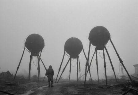 monochrome, black and white photo, old photo,blurry, low quality, old photo defects, world war 1, steam punk technology, automatons, battlefield, destroyed city,rubble, collapsed buildings, fires, artillery, Thick fog, strange shaped robots moving in the distance,massive machines in far distance,massive robots with 3 long legs ,spherical bodies,no arms, antenna, wires, consistent design,three lights ,cylindrical object protruding from the body with 3 lights on its front, looking at viewer, scary, damaged robots, trench warfare, no mans land, small humans, large robots, art style of simon stalenhag