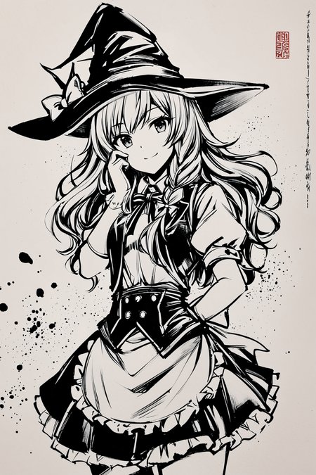 monochrome,greyscale,1girl,solo,kirisame marisa,hat,long hair,gloves,braid,witch hat,star (symbol),bow,looking at viewer,short sleeves,single braid,white gloves,puffy sleeves,hat bow,puffy short sleeves,apron,side braid,vest,cowboy shot,black headwear,dress,closed mouth,frills,smile,skirt,adapted costume,waist apron,hair bow,hand on own face,ribbon,bowtie,shirt,
<lora:okazu_XL:0.9>,