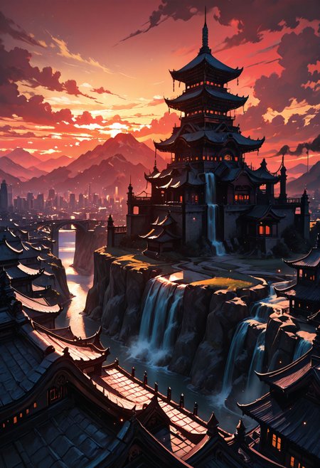 Smooth Quality, arch, architecture, bridge, building, castle, city, city lights, cityscape, cloud, cloudy sky, dusk, east asian architecture, evening, fantasy, gate, gradient sky, horizon, house,mountain, mountainous horizon, no humans, orange sky, outdoors, pagoda, red sky, river, rooftop, scenery, sky, skyline, skyscraper, smoke, tower, twilight, waterfall, yellow sky, <lora:748cmSDXL:0.4>, <lora:Sinozick_Style_XL_Pony:0.7> <lora:Smooth_Booster:0.5>, <lora:Smooth_Lighting_Enhancer:1>​​​