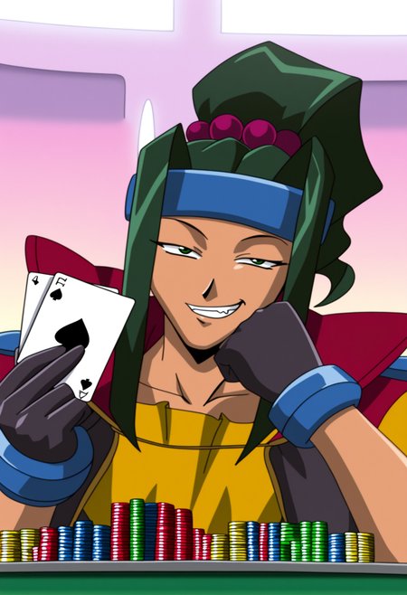 high quality, highres, 
1girl, gascogne rheingau, solo,green eyes, looking at viewer, squinting,smug, grin, gascogne outfit, black hair, toothpick, sidelocks, ponytail,  headband, hair beads, close-up,   (muscular:0.8), gloves,indoors, holding, holding cards, (straight flush \(poker\),:1.25) club \(shape\), poker, poker chip, poker table, card, playing card,