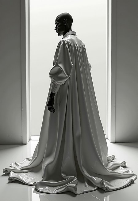 a photo of a person who is in a room drawn on paper with a pencil. the man is dressed in voluminous clothes painted with oil paint. The clothes are made of shiny oil paint., a fantastic futuristic shot, ambient diffused light, cinematic photography