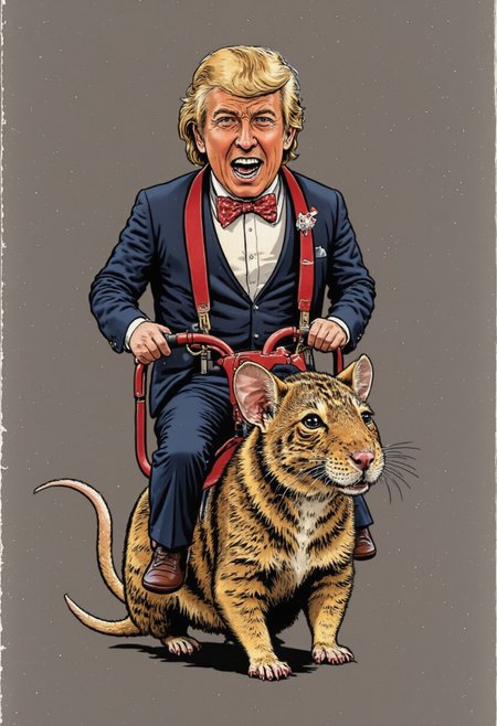 closeup, illustration m1n1p3ople A miniature man in a tuxedo and riding a mouse,  st3v3n_r0hod3s