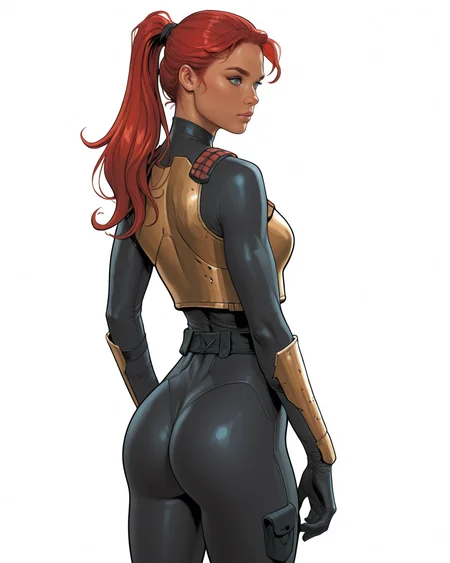 masterpiece, best quality, absurdres, perfect quality, absolutely eye-catching,   <lora:JeffSpokesIllus:1> jspokes,    <lora:ScarlettGIJoeIllus:1> scarlettgijoe, 1girl, red hair, blue eyes, ponytail, bodysuit, armor, simple background, ass