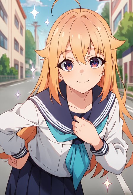 score_9, score_8_up, score_7_up, source_anime, masterpiece, 1girl, ctiank0shi, serafuku, sailor collar, blue neckerchief, skirt, long sleeves, outdoors, sunny, city, depth of field,  looking at viewer, hand on chest, smile, sparkle, leaning forward,<lora:Koshi_Torako_pony_ct:1>,