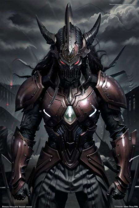 androgynous, monster,
dark skin, athletic,
demonic helmet,
red shining eye, empty eye sockets,
dreads, dark hair, twintails,
fingerless gloves, claws,
gauntlets, prostetic legs,
mechanical limbs,
combat robe, tight torso's clothe,
baggy pants, armor skirt,
leg wear, black boots,
looking at viewer,
purple energy,
red white blue colors,
battlefield on background,
dynamic light, 
ultra detail,
extremely detailed CG, 
micro intricate, 
highly detailed skin,
highly detailed face, 
highly detailed pupils, 
highly detailed iris, 
RAW photo, 
best quality, 
high resolution,
((masterpiece)),
realistic,
sharp focus, 
HDR, 8K resolution,
intricate detail, 
sophisticated detail, 
hyper detailed,
(depth of field), 
highlight and shadow,
volumetric lighting,
highly detailed background,
by Kentaro Miura:1.1,
comicbookpencils:0.9,
greyscale(line art:1.1)