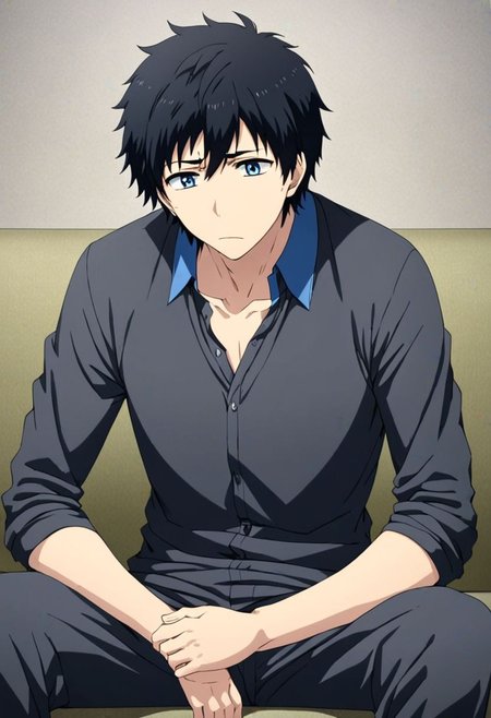 high resolution, solo, best quality, 1Boy, Arata Kaizaki, Black Hair, Blue Eyes, deep talk, depression, sit, couch, OverallDetail