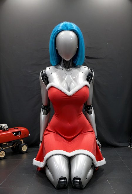 A 35mm photo a woman, she is a humanoid robots , robotic body, vibrant green robotic eyes, freckles, smooth featureless silver grey robotic skin, robotic aerials, metallic dark blue hair, elegant red Christmas satin dress with white fur trim, 
mannequin, faceless, egghead, noface, cyborg, TheFaceLess, Zorii-pxl, Zorii Bliss, faceless