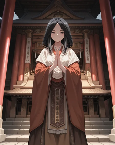 masterpiece, best quality,1girl,temple, 1girl, standing, prays, black hair, divinechild, japanesde clothes,  <lora:divinechild:0.8>
