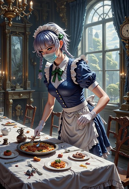 A masterpiece, ultrarealistic, natural colours of evening light, photorealistic scene, luxurious intricate interior of a dining room, rich in detail, dining table covered white table cloth, empty chairs after the eaters have left, dirty dishes, serving dishes with leftover food, a few dead mice on table, a clock, 
flat chested Izayoi Sakuya in surgical mask and short medical exam gloves is bending over the table and putting a sample of food into plastic bag withoug paying attention to viewer, beautiful concentrating face with no make-up, (tiny tits, flat chest:1.6), slim, slender, short silver hair, twin braids, green bows, practical comfortable blue maid uniform, mid dress, maid headdress, detached collar, green bowtie, puffy sleeves, white wrist cuffs, white apron, pocket watch, thighhighs, 
<lora:Hand v2:1> Detailed hand, Hand, Perfect hand, 
<lora:best_of_flux_v30_rank64_bf16-step01750:1> best_of,