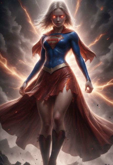 High resolution ultra-realistic of Beautiful Kiernan Shipka as Supergirl fighting against alien invasion, cinematic style, standing on a bloody and stormy battlefield in a fighting pose, bloody massacre, fire, ultra fine details, 8k resolution, dramatic lighting, high contrast shadows casting over his iconic "S" emblem, capturing the intensity of the moment, cinematic quality. hyperdetailed vibrant color, complex, portrait, Intricately Designed combat costume and red mini skirt, 8k resolution concept art, superheroine charming, portrait by Greg Rutkowski, beautiful firm Breasts, defiant and seductive, Artgerm, WLOP, Alphonse Mucha, perfect composition, beautiful detailed intricate, perfect big eyes, detailed octane render, digital painting, pixiv contest winner, official art, anime, official art, character design, trending on artstation, high quality model, best quality, high quality, highly detailed, 8k, best quality, high quality, highres, detail enhancement, 8k, hdr, sharp focus, ultra detailed, perfect lighting