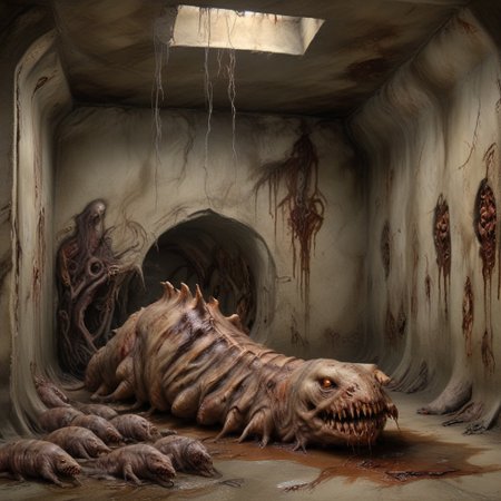 Dark Fantasy page, Inside a crypt. sluggirl,  undead, twitching, writhing. Walls made of flesh. Painting. Monster Manual. s34slug, flaps, stalks
zombie slug hybrid man monster.