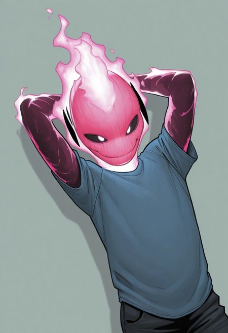 masterpiece, absurdres, high quality, perfect anatomy, 1boy, solo, cute boy, male focus, doyle, Pink Fire, Black Scelera, colored scelera, t-shirt, shy smile, hand behind head, cinematic, intricately detailed illustration, depth of field, masterpiece, best quality, amazing quality, very aesthetic, absurdres, newest, very awa,  shadow, dynamic angle, casual cosplay, dynamic pose, simple background,