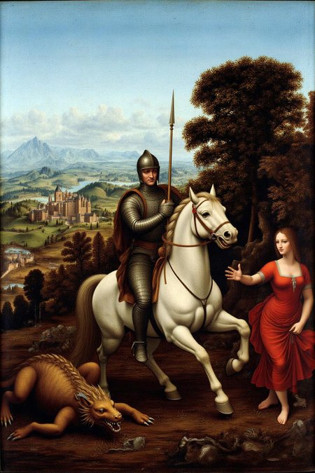davinci1 painting.
On the left is a dragon lying on the ground. In the center is a knight, shown with his back to the viewer, in full armor mounted on a white horse, running towards the left. The knight is thrusting a lance at a dragon lying on the ground. IIn the background there are rolling hills, trees, and a distant castle. A woman in a red dress stands near the trees, observing the scene.  <lora:davinci1_cap_d6a3e12:1.0><lora:852110250390612768:0>