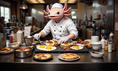 an image shot with significant tilt shift effect of tiny axolotls, high-angle view of a pink axolotl dressed as a line cook, working a small griddle in a busy diner kitchen with tiny plates stacked up beside it, flipping pancakes and frying eggs and bacon with a focused expression; its frilly gills flutter as it concentrates, while the griddle sizzles and steam rises; a soft blur from the tilt-shift effect creates a sense of movement in the bustling background of order slips, condiments, and chrome kitchen equipment, enhancing the realism and adding depth to the lively diner scene, A miniature diorama of, axolotl<lora:Axomodel_Flux_V1.1.safetensors:1.0:1.0> <lora:Diorama_Flux.safetensors:1:1> <lora:PCB_Image_Enhancer_for_FLUX.safetensors:1:1>