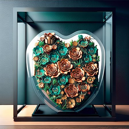 a heart made of roses in HeartArt style, micro-details, super detailed,  photorealism, photorealistic, kc32, photorealistic heart made of roses in HeartArt style, very detailed, scifi case, kc32, heart made of roses in HeartArt style, very detailed, scifi transparent case, kc32, art by midjourney, ((HeartArt)) inside kc32