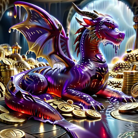 1dragon, highly detailed deep purple dragon, deep purple dragon made out of slime, scaly deep purple slime dragon, slime dragon with red eyes, deep purple slime dragon laying in its hoard, blue slime dragon with wings, dragon wings, detailed claws, detailed feet, detailed tail,
multi-colored gems made out of slime, in a room of treasure made out of slime, gold coins and bars made out of slime, piles of coins, piles of gold slime coins, piles of gold slime, tiny gold slime coins, no large coins, no medium coins, only tiny coins,
treasure-room, treasure, gemstone, coins, gold bars, gold pile, 
everything made of slime, No simple background,
((translucent slime)), ((transparent slime)), (bioluminescent slime), sl1m3, slime, ais-blmn, watce, je11y, thickwater, great lighting, ral-lava, even lighting, no bright spots, saturated colors,