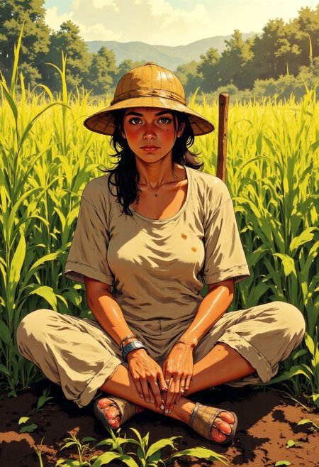 young lady farmer sits cross-legged on the ground directly in front of lush rice paddies that stretch toward the horizon. Her deeply wrinkled face tells the story of decades working under the tropical sun, with leathery skin creased by time and weather. Her eyes, though tired, reflect wisdom and a profound connection to the land she has tended all her life. SHe wears a traditional conical bamboo hat (caping) that casts subtle shadows across her weathered features while protecting him from the intense sunlight above.
Her attire is humble but practical - a plain, well-worn short-sleeve dress with sweat stains around the collar, simple tight leggings rolled up slightly at the ankles, and sturdy slippers caked with layers of dried mud from countless hours in the fields. The color of her clothing has faded from years of sun exposure and washing.
The farmer rests a wooden-handled hoe against her right shoulder, her calloused hand gripping it with the practiced ease of someone who has wielded this tool her  entire life. Her posture shows both weariness and quiet dignity. Behind him, the meticulously arranged rice plants stand in perfect rows, their vibrant green contrasting with the rich brown earth. The golden afternoon light bathes the scene, highlighting the textures of the paddies and the farmer's sun-baked skin. anime