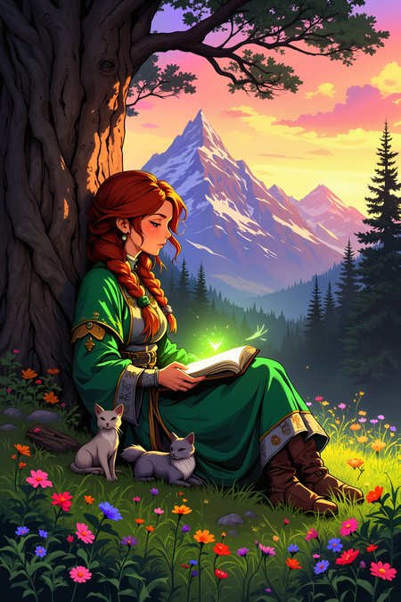 In a serene mountain meadow, framed by towering peaks dusted with snow, a spellcaster with soft, sun-kissed skin and braided auburn hair rests against a massive, ancient oak tree. Her robes of deep green and silver are patterned with leaves and vines, blending perfectly with the lush grass and vibrant wildflowers surrounding her. In her lap rests a glowing spellbook, its pages filled with softly glowing runes that pulse faintly in the golden light of the setting sun. Nearby, a small fox-like familiar with silver fur curls up next to her, its tail flicking lazily as it naps. The soft murmur of a mountain stream trickles through the meadow, and the gentle rustle of leaves accompanies the occasional call of distant birds. The warm breeze carries the scent of pine and fresh earth, creating an atmosphere of profound tranquility. A faint aura of green energy surrounds her, radiating life and harmony with the natural world. Above her, a sky painted with hues of orange, pink, and lavender stretches endlessly, casting the entire scene in a soft, magical glow. The spellcaster sighs softly, utterly at peace in this secluded haven. , detailed background  Fantastic lighting. Detailed shadows.intricate details, vivid colors, hyper-detailed, ultra-sharp, High resolution, high detail. Highly detailed. <lora:Dark_and_Colorful_FLUX_OT:0.5><lora:RetroAnimeFluxV1:0.3><lora:Anime v1.3:0.3><lora:Videogame_Cartoon_Flux:0.2>