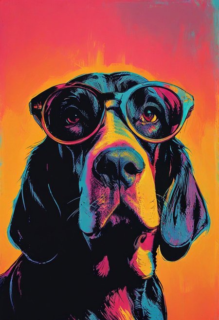 impactful color paint of, a Basset Hound, wearing dark sunglasses, highly detailed, vibrant colors , 8k, sharp, professional, clear, high contrast, high saturated, , vivid deep blacks, crystal clear