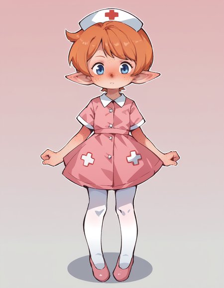 score_9, score_8_up, score_7_up, score_6_up, score_5_up, score_4_up, solo, 1girl, solo,
<lora:Orenji v3:1> orenji, nurse, nurse outfit, pink dress, white pantyhose, pink shoes, nurse cap, shortstack, <lora:Popipi_v1:0.6> popipi, (lalafell), blue eyes, dark nose, freckles, orange hair, short hair, pointy ears, swept bangs,
