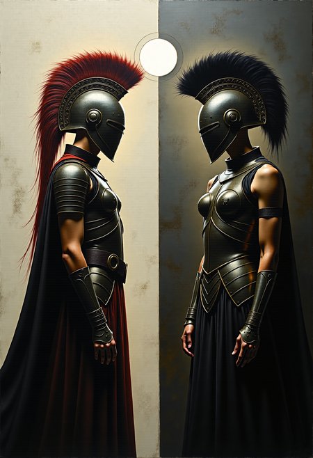0n1r1c, Create a dramatic impasto painting with drips and painterly smudges of two majestic warriors, inspired by Achilles, the central character in Homer's Iliad, wearing futuristic, metallic full-body armor with a complex, segmented design. 

The painting is divided vertically into three sections.
The left section, only white, is dominate from Aphrodite, her
warrior's helmet should have a striking red horsehair crest.
The background of this left section is a light white.
The middle section, only light gray, showcases a high, arched window below the upper edge of the painting, through which the moon shines.
The background of this middle section is a light gray.
The right section, only dark gray, is dominate from Athene, her warrior's helmet should have a striking white horsehair crest.
The background of this right section is a dark gray.

Both helmets reminiscent of ancient Greek soldiers.
Both armors should have multiple plates and reinforcements, covering the entire body and combining both ancient and modern aesthetics. 

The shoulder plates and bracers of both armors should feature additional plating with gold accents. Both warriors should wear long, flowing black capes, adding a touch of royalty. Their overall appearance should exude strength, nobility, and a harmonious blend of the antique and the modern. Set the scene in a dark, grand hall with high, arched windows in the background. The painting should emphasize a combination of ancient grandeur and a futuristic, modern, and abstract style, with dramatic lighting features in a monochromatic scheme, primarily in shades of black, white, and gray.
