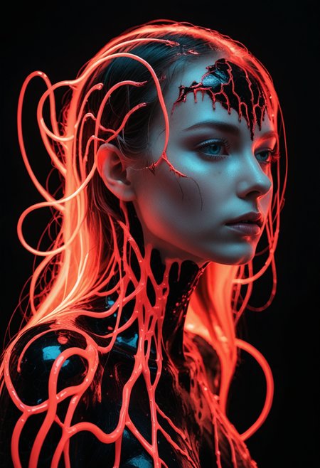 (Ombre color scheme of neon red ,black ,white ) (portrait facing to the right) A dazzlingly shimmering sonic symbiote radiates bioluminescent hues, embodying a captivating blend of enchantment and vibrancy. Its luminescent tendrils pulsate with vivid colors, while its ethereal form undulates gracefully. By alex1shved. This mesmerizing subject is showcased in an impeccably detailed photography <lora:br1ghtXLP:0.7> multicolored <lora:43stl1ght1ngXLP2:0.7> 43stl1ght1ng, low light, dramatic lighting, darkness, neon, spotlight <lora:envyStarlight_v10:0.8>
