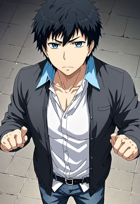 high resolution, solo, best quality, 1Boy, Arata Kaizaki, Black Hair, Blue Eyes, casual, seen from above, gangster, dominant, intimidate, OverallDetail