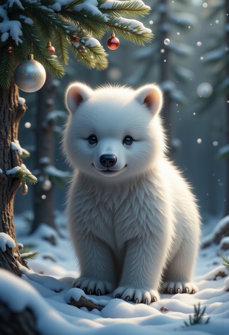 White bear under the Christmas tree, in the snow, Christmas atmosphere, ultra realistic, high quality, masterpiece, extremely detailed, hd, high_detailed, captured in high detail, bo-christmas