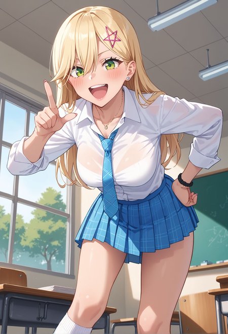 score_9,score_8_up,score_7_up,masterpiece, best quality, <lora:WHM 0.2v:0.5>, WHM, 2D,anime,  
<lora:Aria_Kisaki_2.5_Dimensional_Seduction_V1:.55>, KJOaria,  
<lora:aria_kisaki_anime_v2-soralz:0.3>aria kisaki, 
  blonde hair, green eyes, hairclip, gyaru, long hair, white shirt, necktie, necktie,  blue pleated skirt, kneehighs, long sleeves, from below, pointing, laughing, blush, leaning forward, hand on own hip, School, classroom, window, sunny, tree, (Beautiful, medium Breasts:1.2),
large breasts, white socks,short socks,