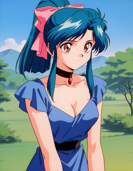 general,highres, ultra-detailed,very aesthetic,best quality ,best hands,  BREAK <lora:Diana_Minerva_no_Kenshi_IS:1>Diana, 1girl,solo, blue hair, long hair, red eyes, bangs, ponytail, sidelocks, medium breasts, hair bow, aqua hair, pink bow,
1990s \(style\),anime coloring, 
solo, choker, ribbon, closed mouth, brown eyes, bow, blue dress,
cleavage,
outdoor, sky,
