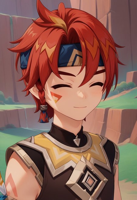 score_9, score_7_up, source_anime
mausau, 1boy, male focus, solo, closed eyes, red hair, multicolored hair, streaked hair, headband, blue headband, braid, single braid, side braid, tattoo, facial tattoo, shirt, brown shirt, sleeveless, smile, closed mouth, portrait
outdoor,