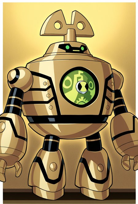 <lora:clockwork-10:1> clockwork, robot, solo, no humans, green eyes,  golden background,  White borders, masterpiece, best quality, amazing quality, very aesthetic, absurdres, newest,