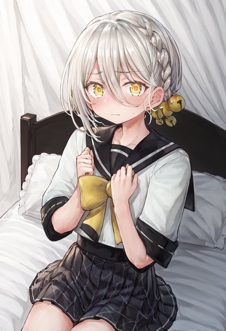 score_9, score_8_up, score_7_up, source_anime, rating:general,
BREAK,
1boy, solo, sitting on bed, looking at viewer, indoors, room, embarrassed, blush, arms down, 
 <lora:iori_yuzuru_PonyXL_v1:1> iori yuzuru, yellow eyes, white hair, braid, hair ornament, serafuku, crossdressing, pleated skirt,