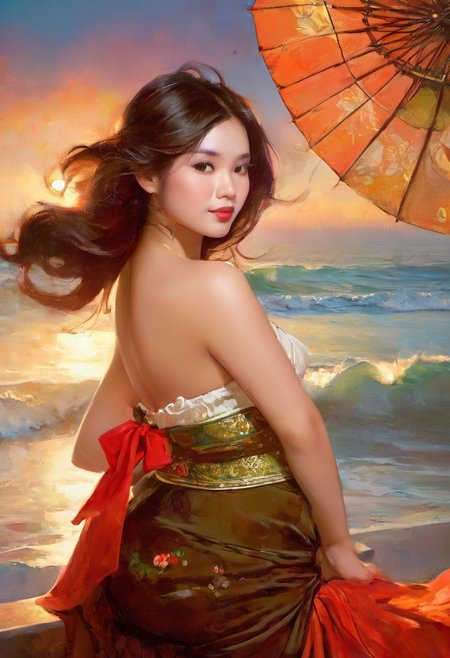 Top quality, 1 beautiful busty Thai woman, medium Hair, brown hair, dirndl skirt,  Romantic tender sexy paining by (Cyril Rolando:1.1) and Alphonse Mucha and norman rockwell and (Phil Koch:1.1) oil painting, masterpiece, top quality, best quality, detailed, highres, watercolor, illustration, large natural breasts,