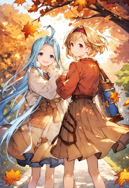 score_9, score_8_up, score_7_up,score_6_up, source_anime, best quality, aesthetic, absurdres, extremely detailed, kyoani, autumn fashion,
autumn, (looking at viewer:1.2), 
2girls, standing, yuri, back-to-back, (happy smile:1.1), outdoors, long sleeves, casual, skirt, 
lyria \(granblue fantasy\), very long hair, blue hair, blue eyes,
djeeta \(granblue fantasy\), blonde hair, short hair, hairband, brown eyes,
<lora:JitaRuri-Pony:0.8> jitaruri,  <lora:IshikePony:0.3>