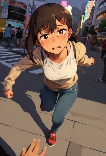 <lora:Khyle. v3:0.8>, POV, outdoors, shibuya city, morning, 
Higashiyama_Kobeni, half closed eyes, more worried, tearing up, scared, sad mouth, white tank top, cardigan, open cardigan, jeans, 
running to viewer, tripping, sorry for being late,
masterpiece, best quality,