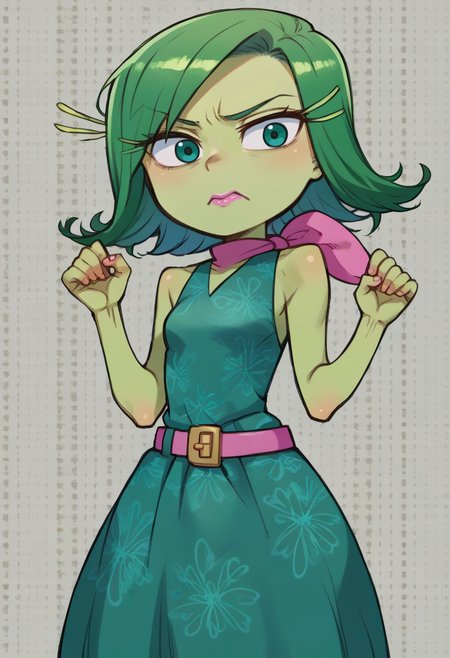 score_9, score_7_up, source_anime, solo, BREAK   <lora:disgust:0.9> disgustSDXL, 1girl, green eyes, green hair, green skin, pink lips, pink kerchief, green dress, belt, <lora:kuroboshi_kouhaku_PonyXL_style_v01:1>